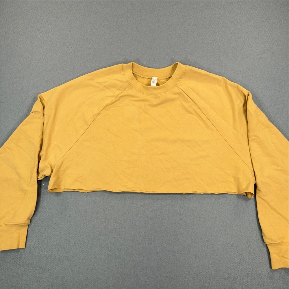 Alo Yoga Womens Cropped Sweatshirt Mustard Yellow Raglan Raw Hem XS